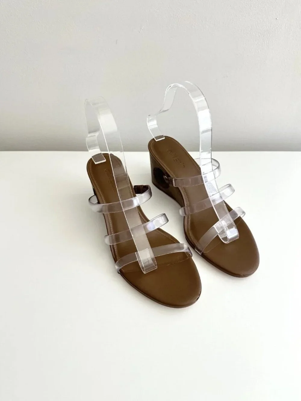 CULT GAIA Merced Strappy PVC Wooden Cutout Wedge Sandals in Clear/Brown Size 38